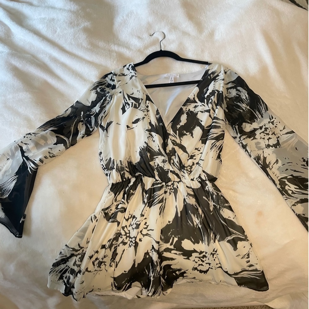 Leith Floral Black and White Deep V Romper